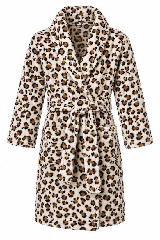Zachte fleece badjas met luipaardprint in beige en bruine tinten, met ceintuur en reverskraag.