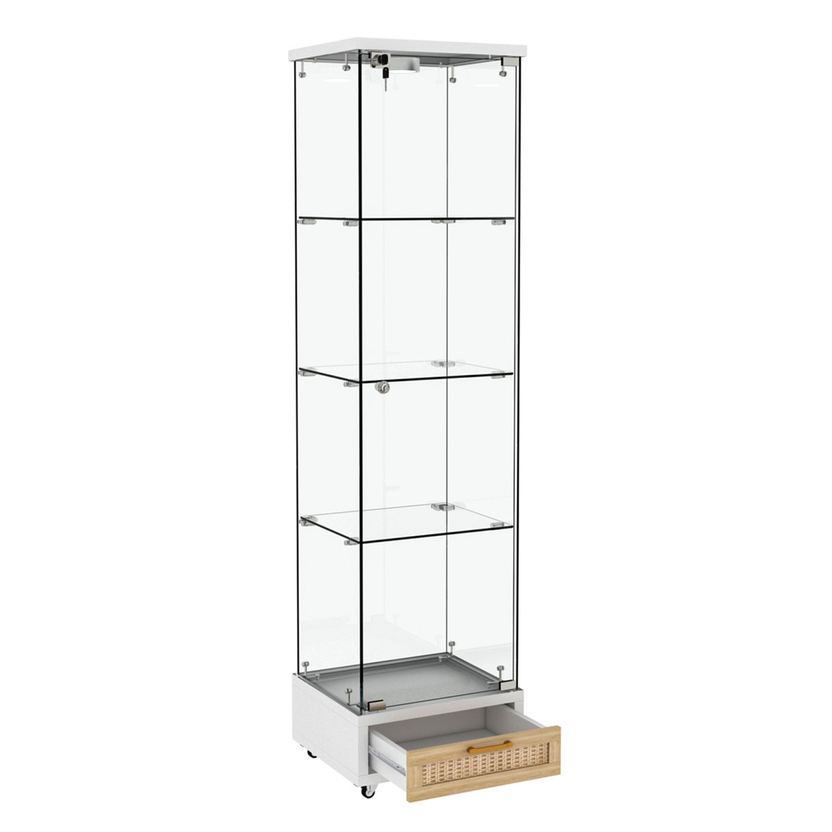 Glazen Vitrinekast Met Ledverlichting - Witte Vitrinekast Met Deur - Vier Glazen Legplanken En Laden - Voor Woonkamer Of Slaapkamer - 167,5 Cm Hoog