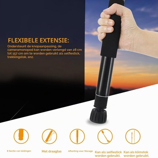 62 Inch Camera Monopod met 8 Secties, Stevige Aluminium Unipod voor Fotografie en Trekking met Conversieschroef — afbeelding 2