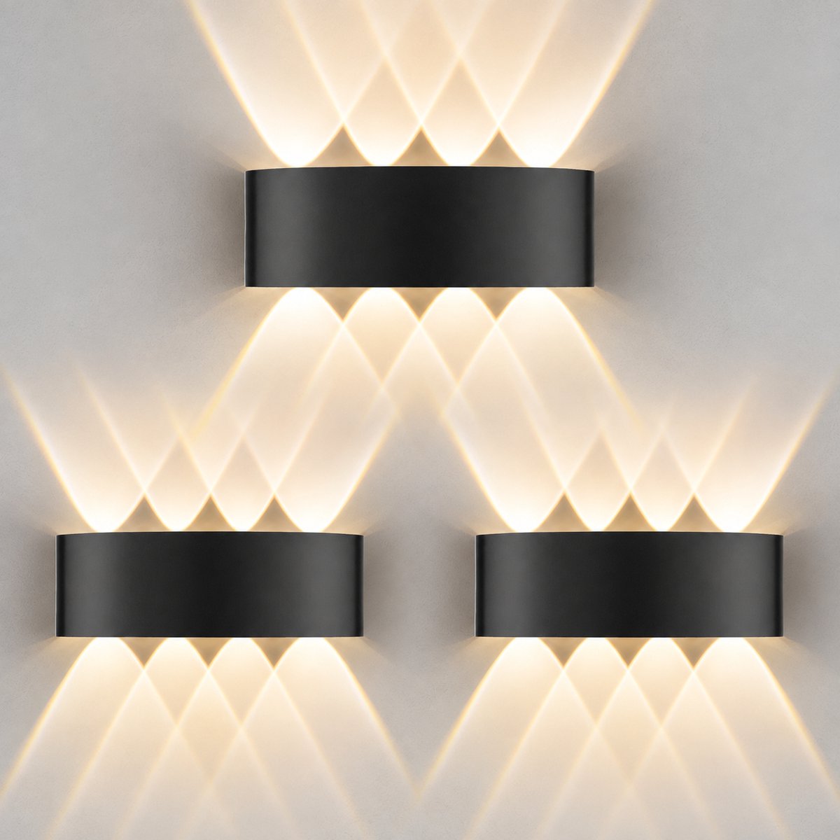 LOVHAUS 3 Stuks LED Buitenlamp Wand - 8W 3000K Warm Wit - IP65 Aluminium - 8 Lichtbundels