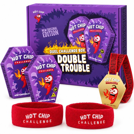 Hot Chip Duel Challenge Box met twee paarse, zeshoekige dozen, een gouden medaille en twee rode hoofdbanden.