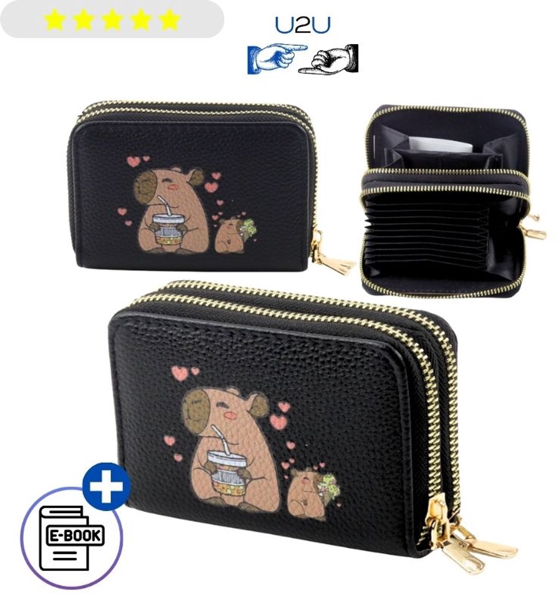 Capybara Portemonnee Zwart met 2 Vakken – Rits Portemonnee voor Kinderen, Tieners, Dames & Heren, Kleine Geldbeurs met Capybara Print, Compacte Wallet voor Munten, Briefgeld & Pasjes, Opvouwbaar, Cadeau – Met Ebook