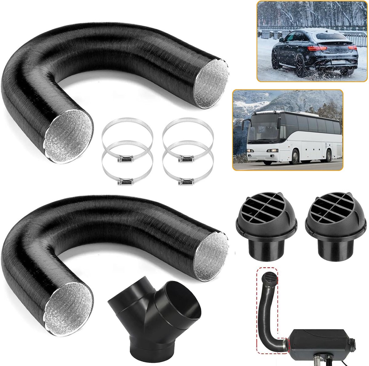 Uitlaatpijpset Voor Dieselkachel - 75mm Luchtslangen Voor Dieselkachel - Slangenset Voor Standkachel - Met 4 Klemmen Voor Auto