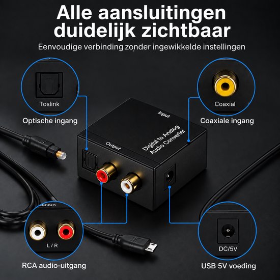 DAC Audio Converter - Optisch/Coaxiaal naar RCA - 5V/1A - Zwart — afbeelding 2