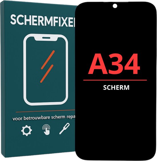 Zwart Samsung Galaxy A34 scherm met "A34 SCHERM" tekst.