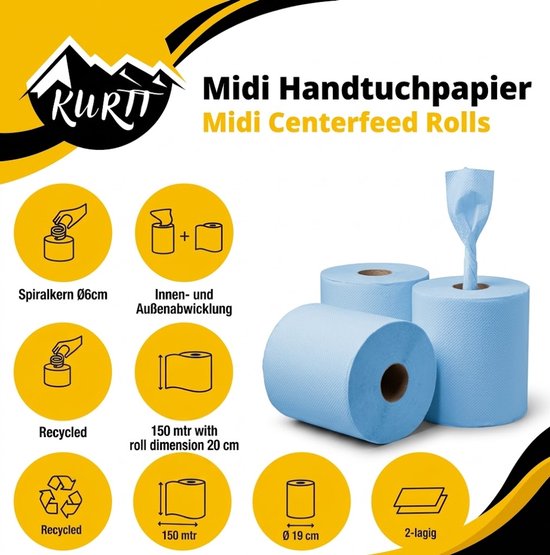 Drie blauwe midi handdoekrollen van papier, waarvan één in een dispenser. 2-laags.