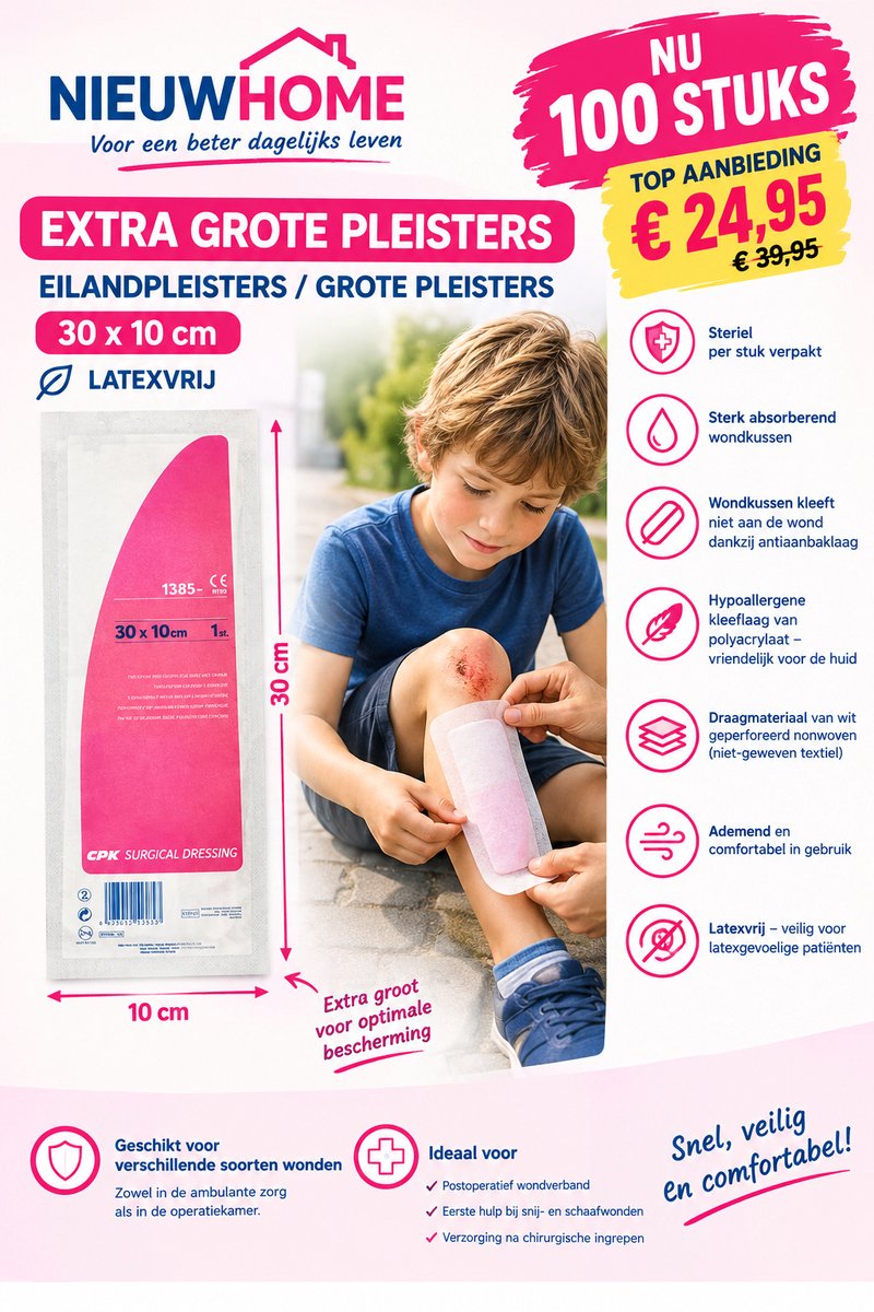100 STUKS EXTRA GROOTE PLEISTERS EILANDPLEISTERS GROTE PLEISTERS 30 X10 CM 100 STUKS LATEXVRIJ