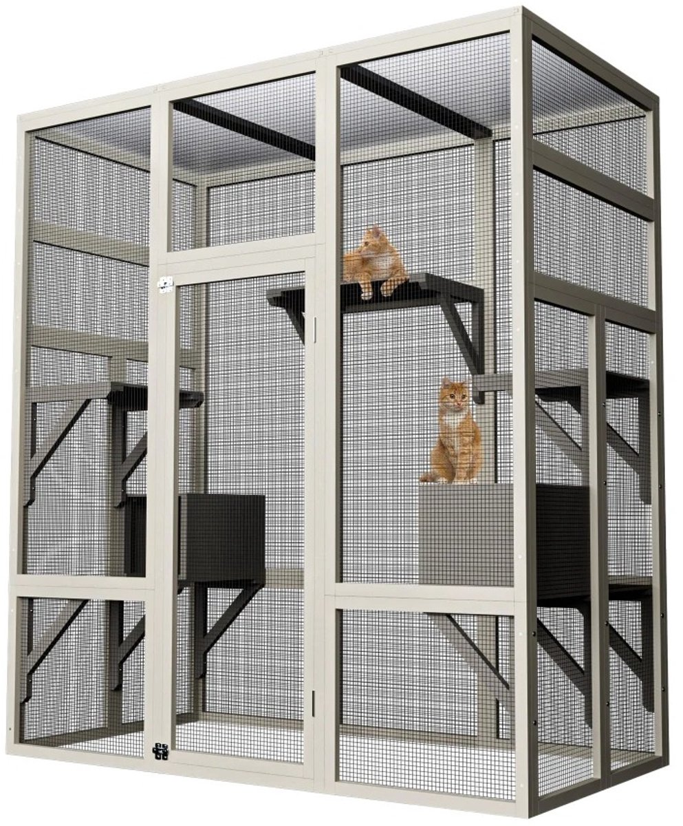 VILIMA - Kattenren buiten - Kattenren met dak - Buitenverblijf kat - Beschermd tegen regen - Metalen gaas - Grijs - 159x82x178 cm