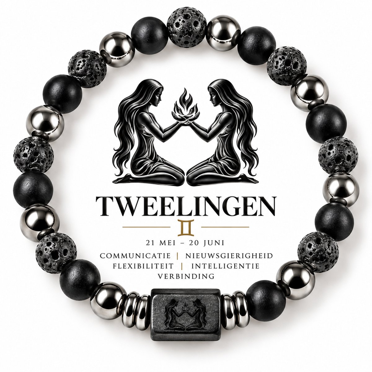 S4H Sterrenbeeld Armband Tweelingen 18 cm – 8mm Kralen – Lavasteen, Mat Zwarte Agaat & Hematiet – Unisex