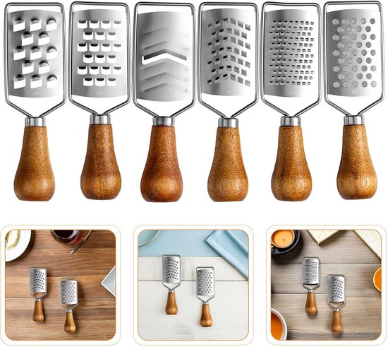 6 Stuks Delige Rvs Kaasrasp met Houten Handvat Mini Groentesnijder Bakrasp Zester Compact Ergonomisch voor Kaas Gember Knoflook Groenten Chocolade — afbeelding 2