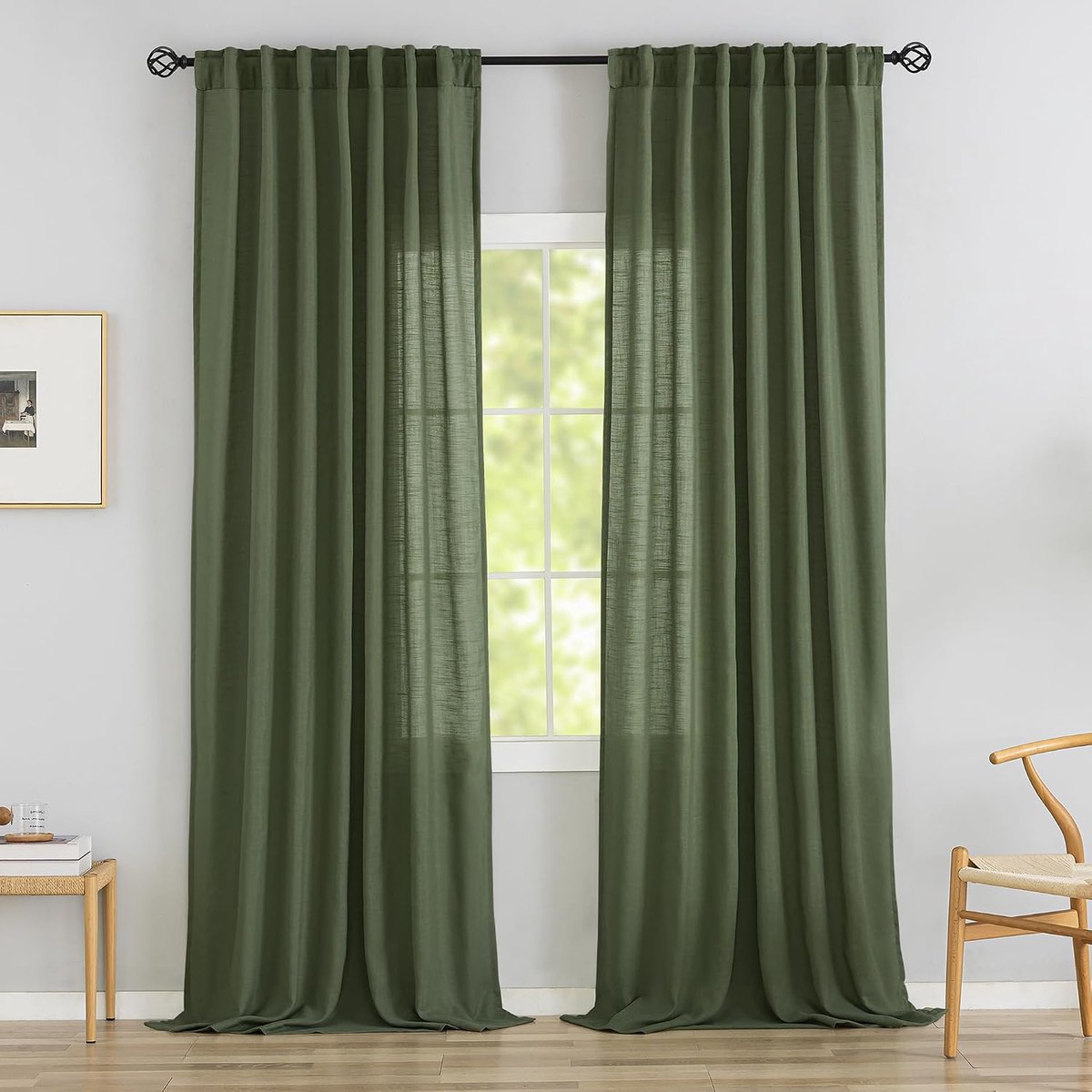 Linnen gordijnen met verborgen lussen aan de achterkant 244 cm lang, 2 panelen set voor kerstvakantie - hakenband met plooien gemakkelijk glijdende semi-privacy dikke decoratieve gordijnen