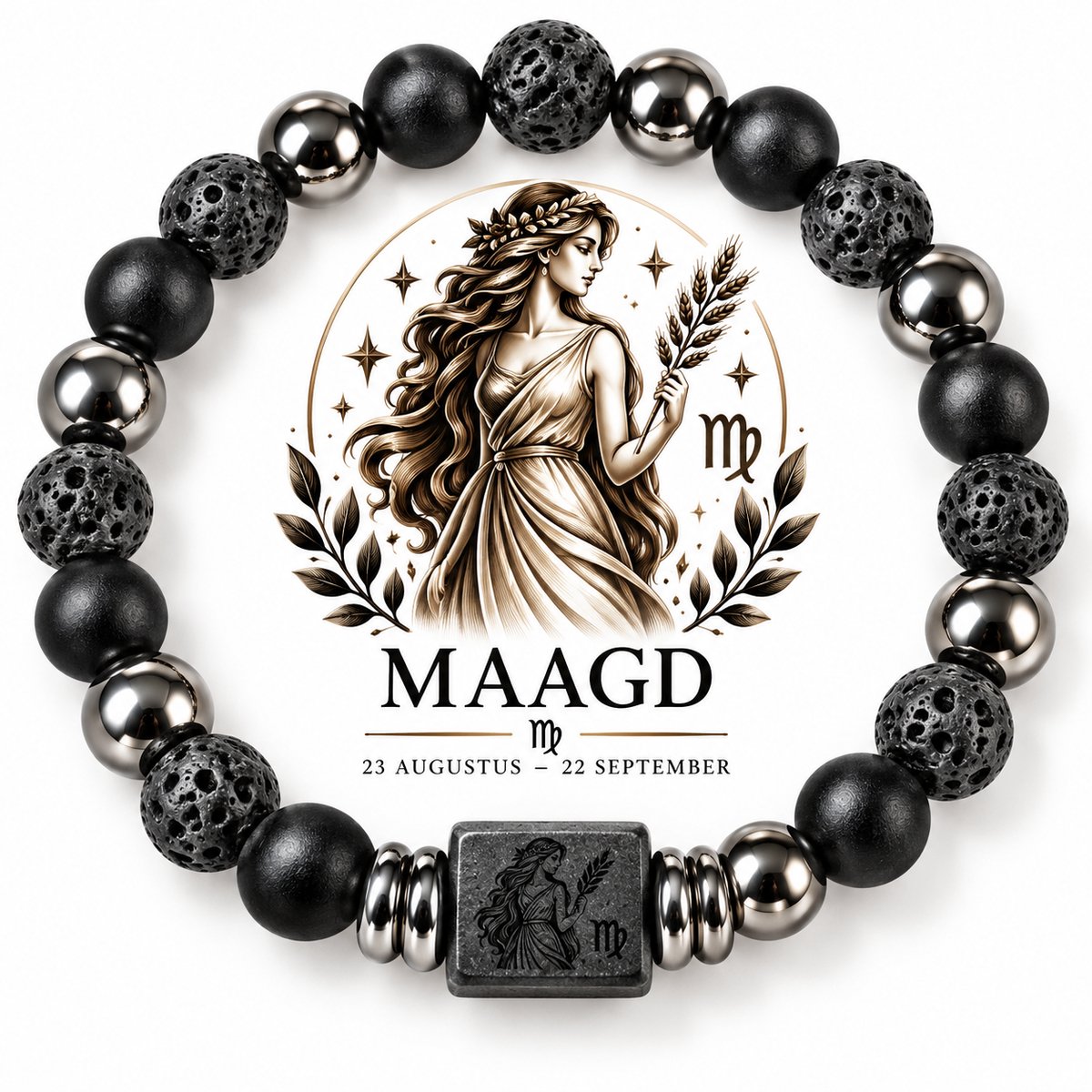S4H® Sterrenbeeld Armband Maagd – 18 cm – 8 mm Lavasteen, Zwarte Agaat & Hematiet – Zodiac Armband – Unisex Dames & Heren