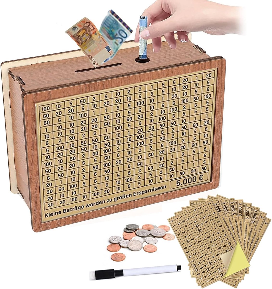 Spaarpot Funmo Spaarpot met teller spaarpot met cijfers aankruisen spaarpot hout herbruikbare spaarpot met spaardoel en cijfers om aan te kruisen, spaarpot met pen (a)