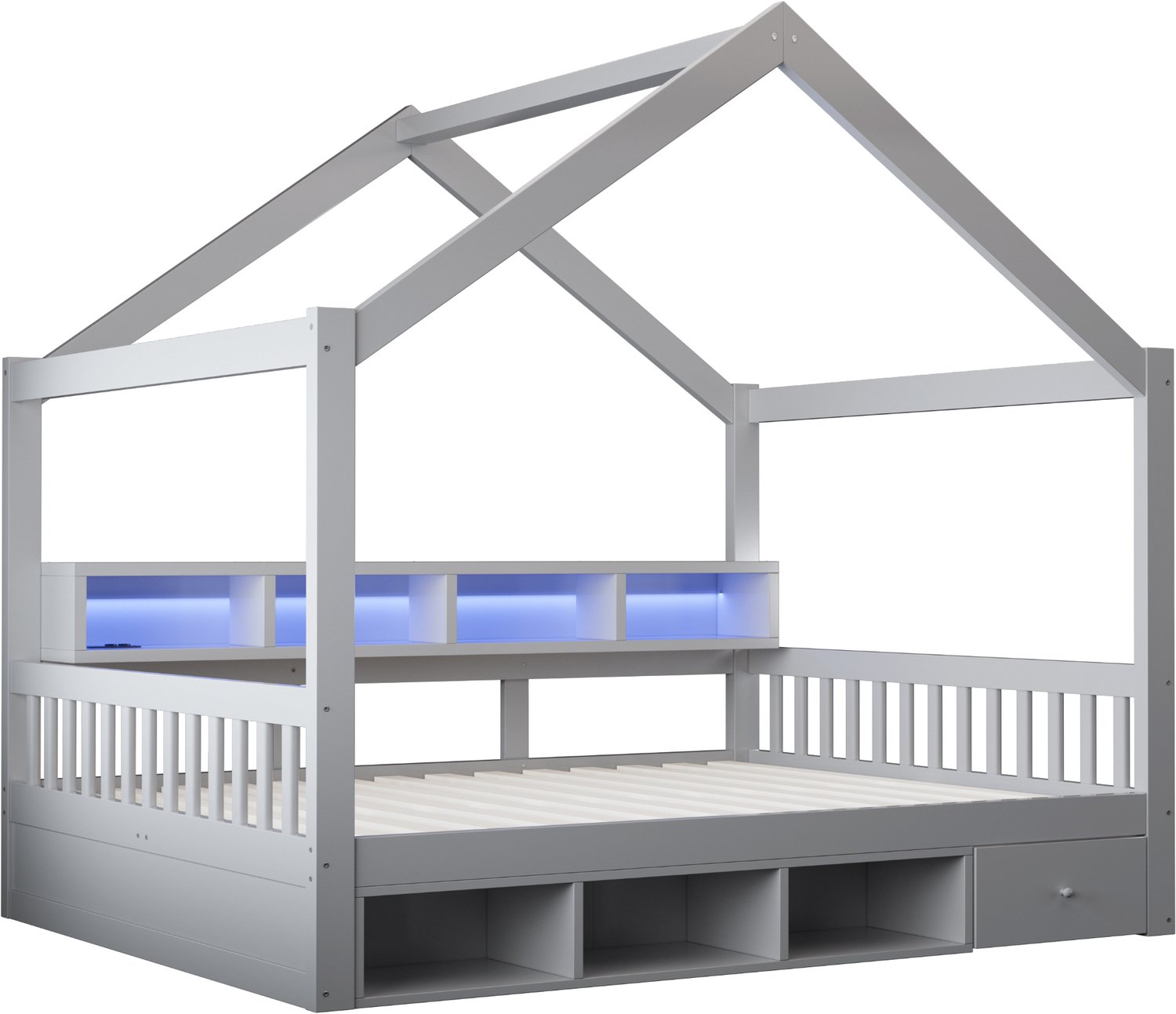 MUVANO Huisbed 140 x 200 cm - Houten bed met dakframe, opbergvakken en lades - Lattenbodem, ledverlichting en stopcontacten - Voor kinder- en tienerkamer - Grijs