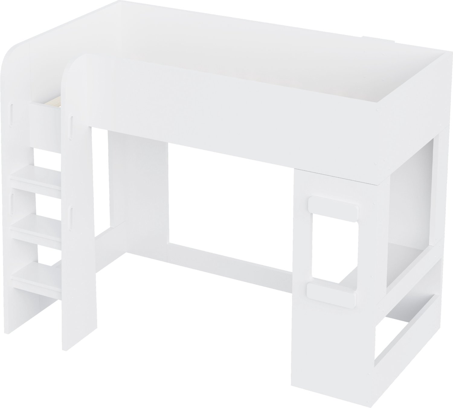 MUVANO Houten hoogslaper 90 x 200 cm - Met ledverlichting en klein bureau - MDF en multiplex - Hoge veiligheidshekken en brede ladder - Wit - Eenpersoons