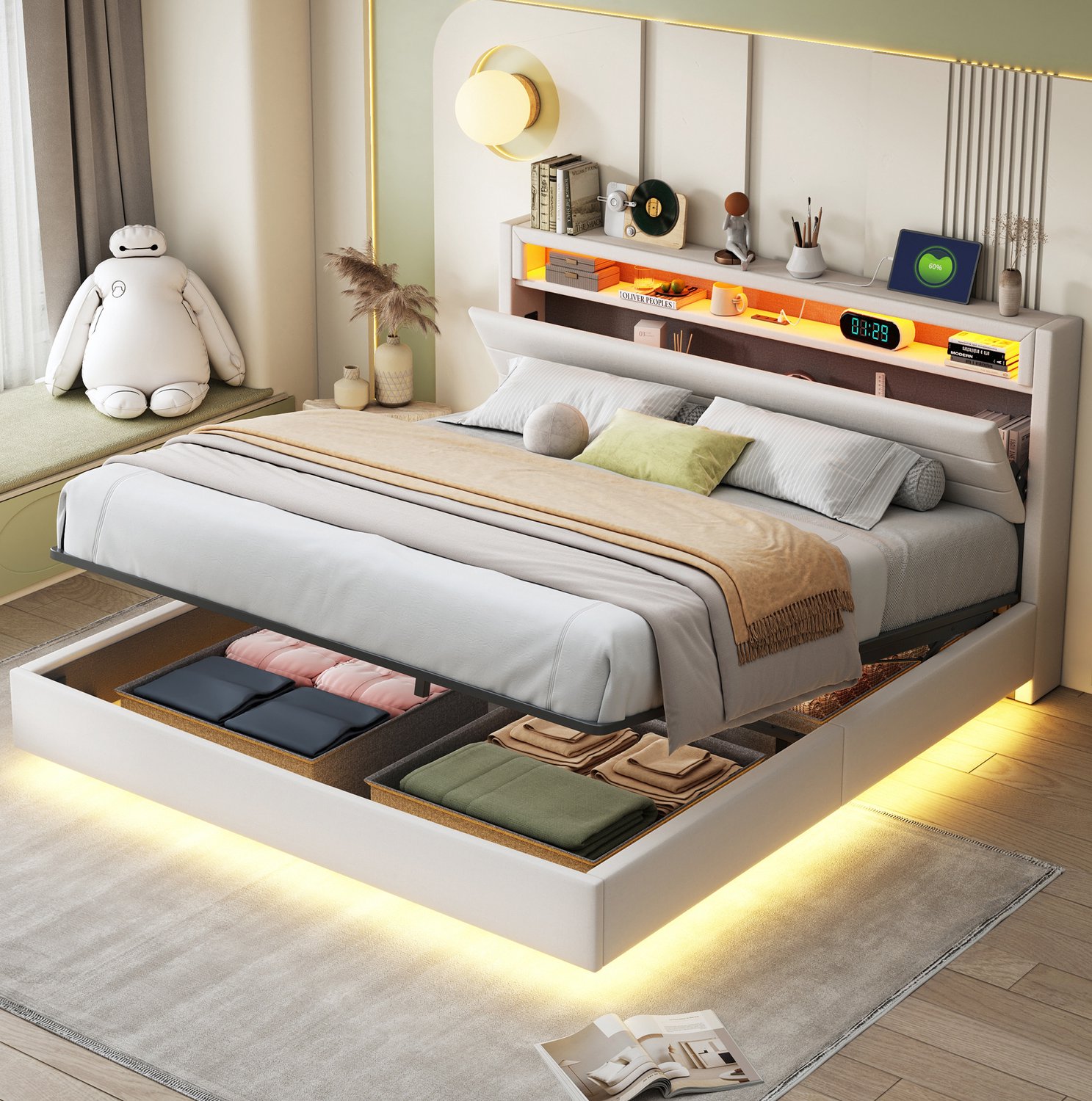 Maisentiel Gestoffeerd bed 160 x 200 cm - Beige - Hydraulische opbergruimte, USB en LED