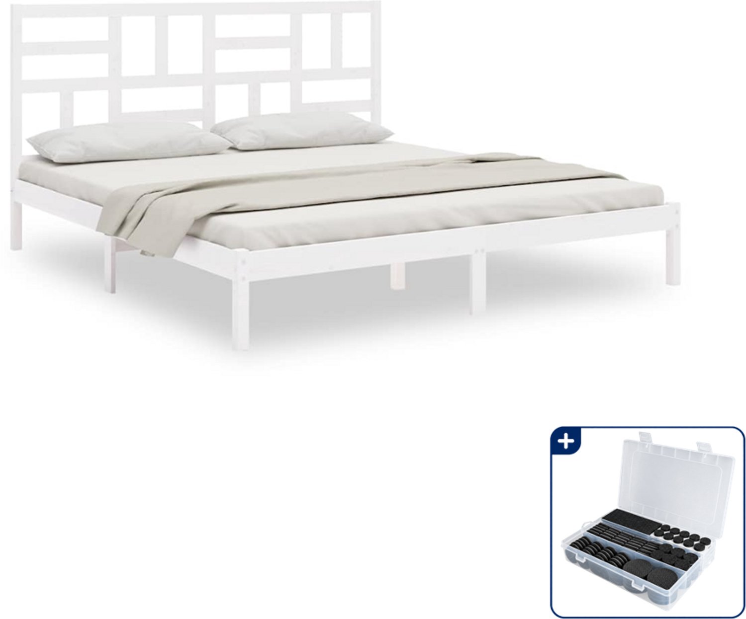 vidaXL Bedframe - Kingsize - 180 x 200 cm - massief grenenhout - wit - Inclusief antikrasvilt 177-delig Blauw