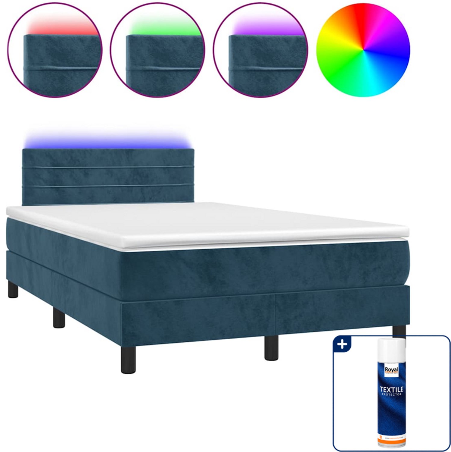vidaXL boxspring met matras en led - 120 x 200 cm - fluweel - donkerblauw - Inclusief textielbeschermer 500 ml