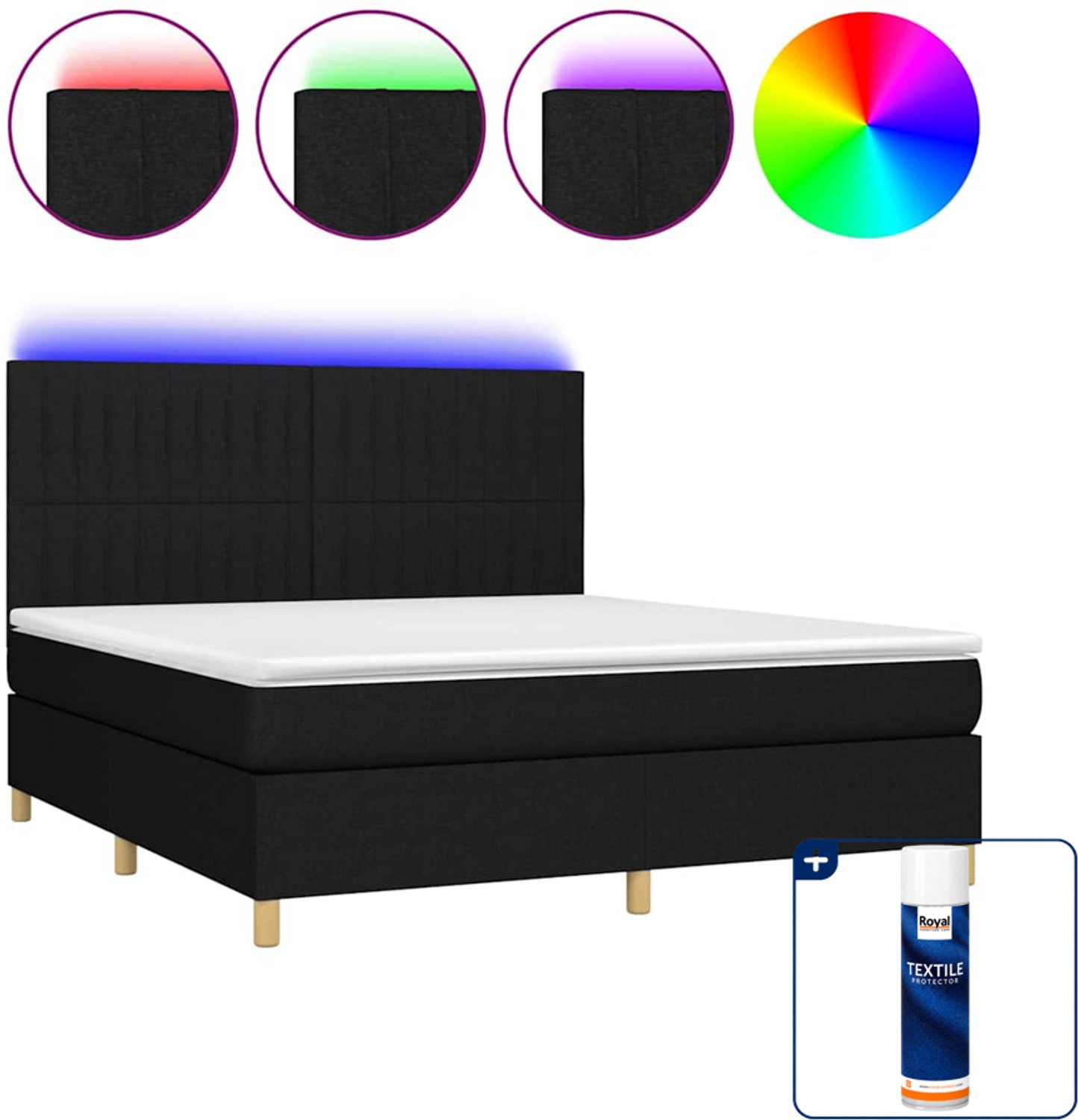 vidaXL Kingsize boxspring met matras en LED - 180 x 200 cm - zwart - Inclusief textielbeschermer 500 ml