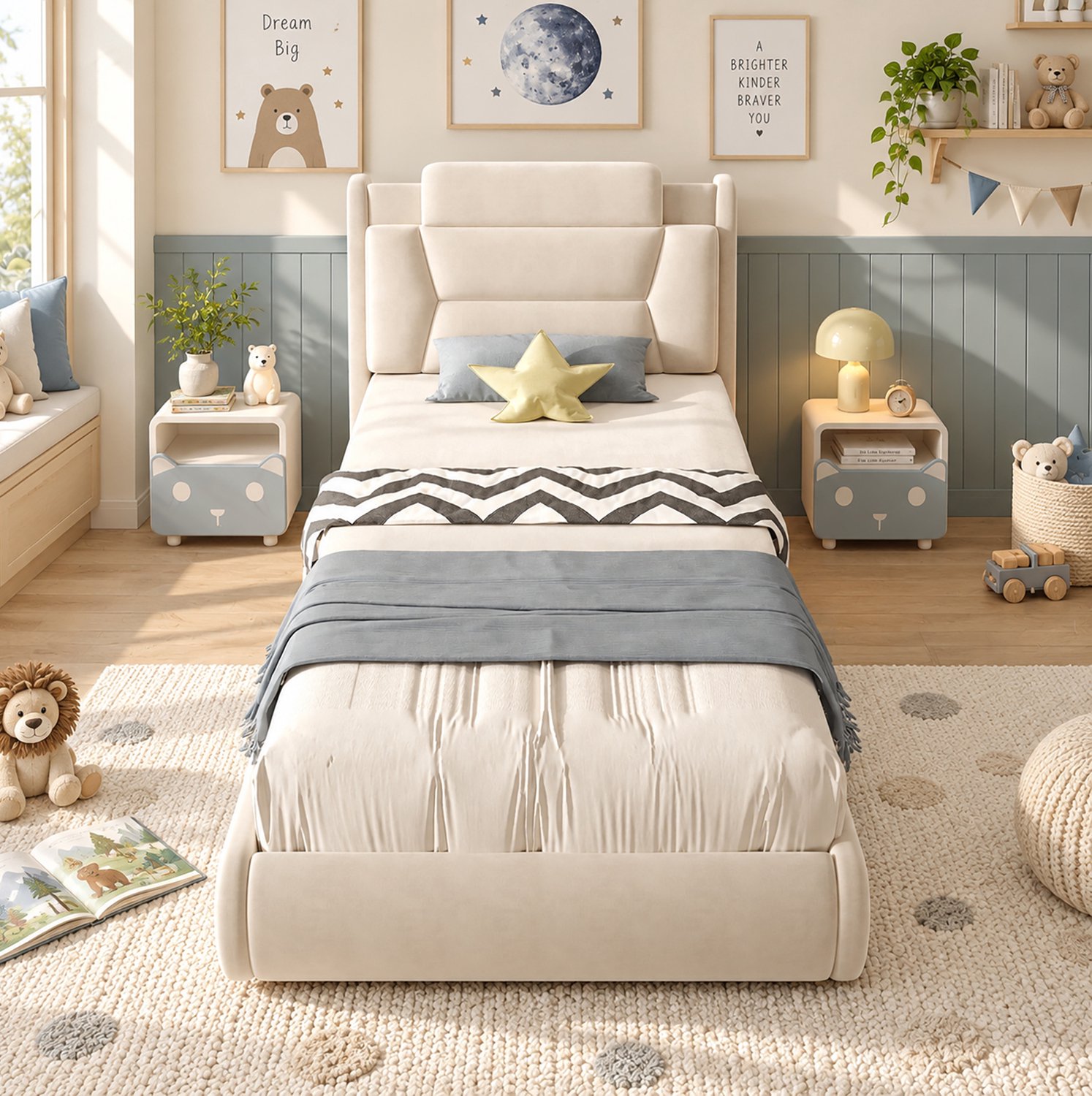 Maisentiel Kinderbed 90 x 200 cm - beige fluweel - verstelbaar hoofdeinde en verlichting Crèmewit