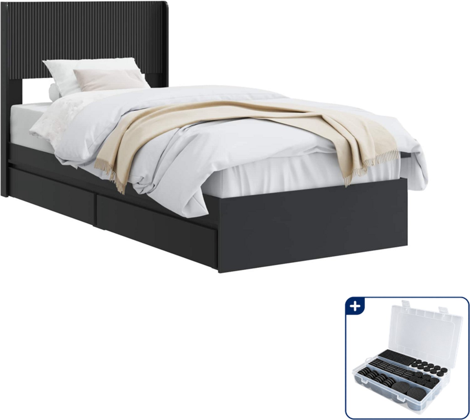 vidaXL bedframe met opbergruimte - 90 x 190 cm - bewerkt hout - zwart - Inclusief antikrasvilt 177-delig
