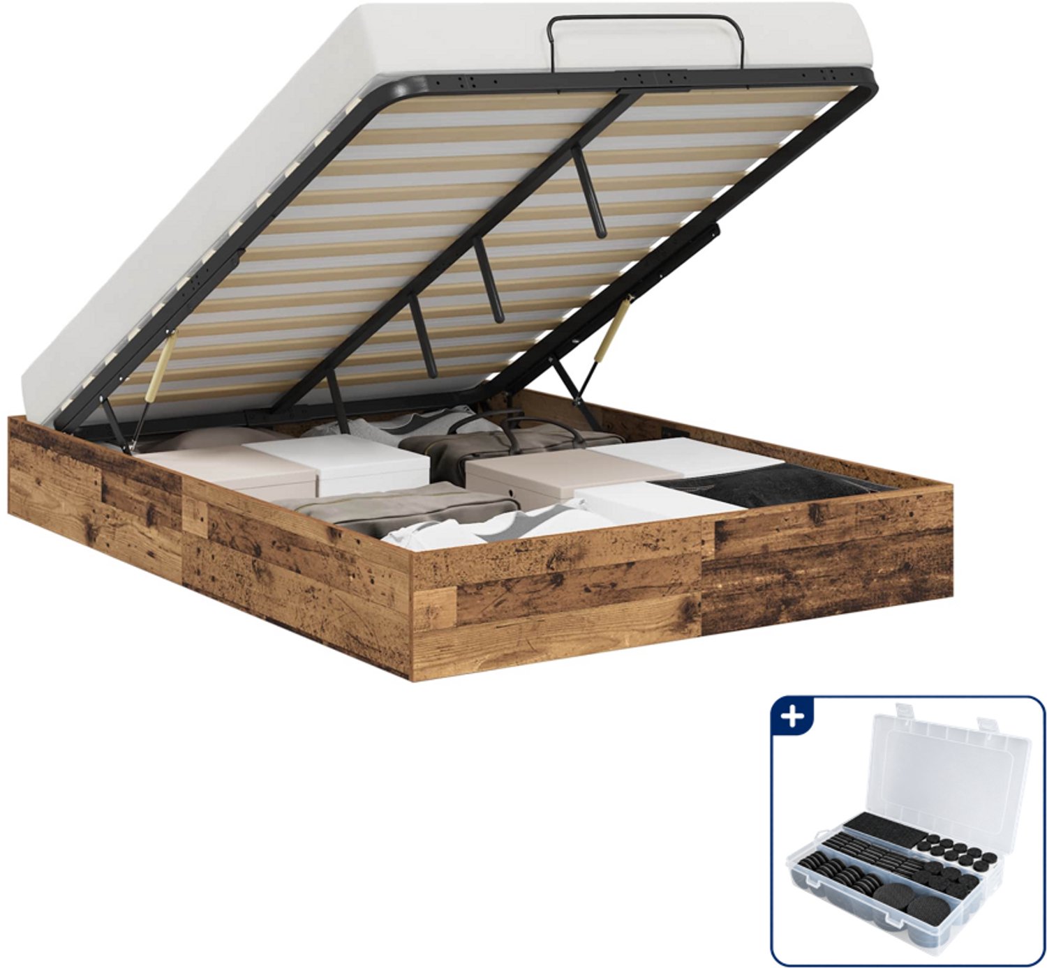 vidaXL ottoman bedframe - 140 x 190 cm - bewerkt hout - oud hout - Inclusief antikrasvilt 177-delig Bruin
