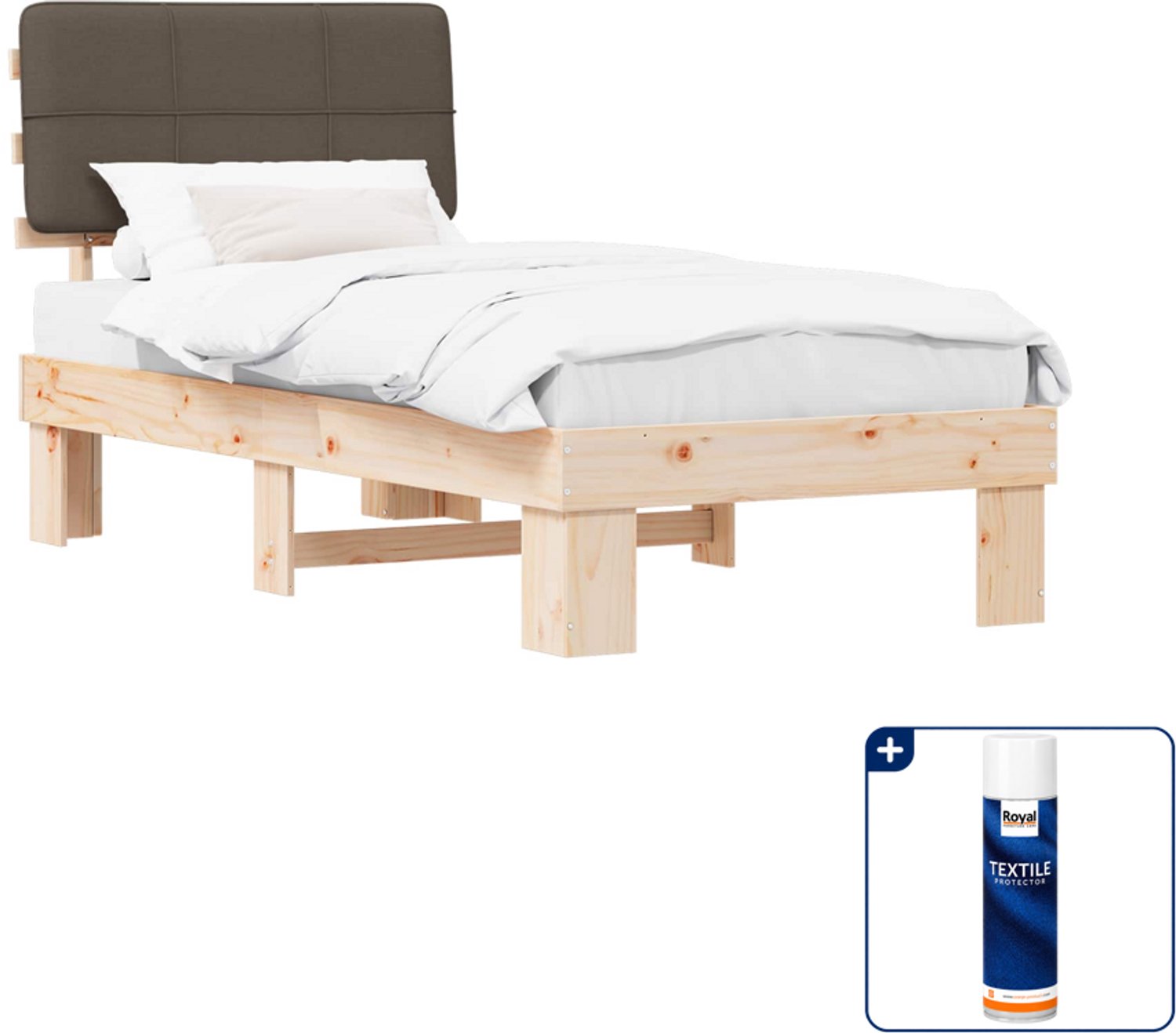 vidaXL bedframe - 75 x 190 cm - massief grenenhout - naturel en taupe - Inclusief textielbeschermer 500 ml