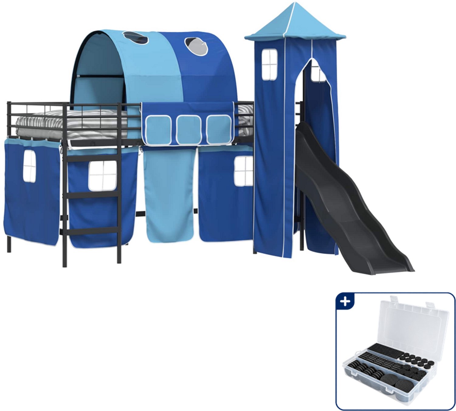 vidaXL hoogslaper voor kinderen - 90 x 200 cm - metaal - zwart/blauw - Inclusief antikrasvilt 177-delig
