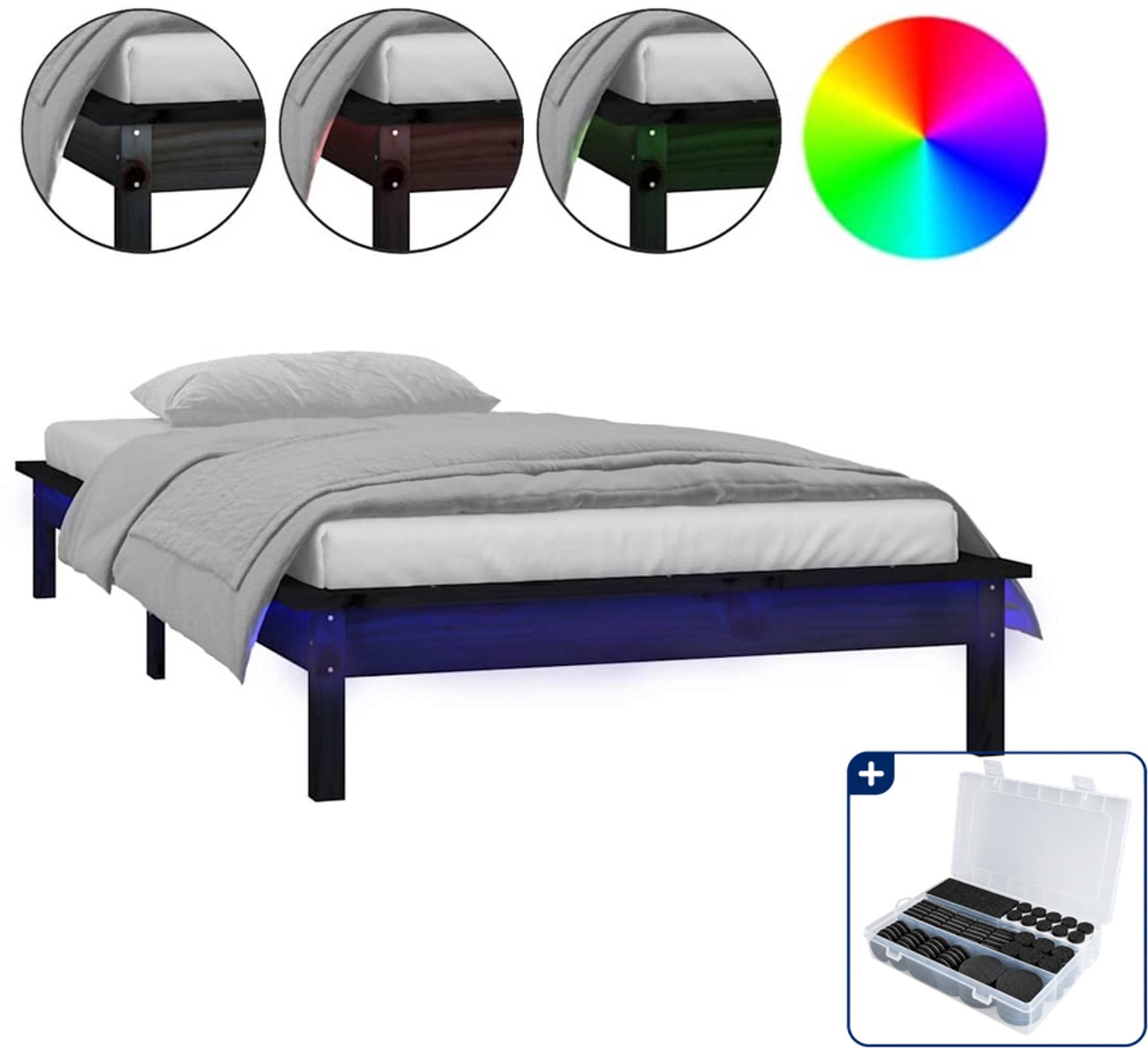 vidaXL bedframe LED 90 x 190 cm - massief grenenhout - zwart - Inclusief antikrasvilt 177-delig