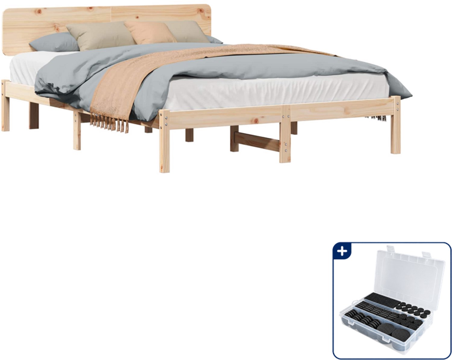 vidaXL bedframe met hoofdeinde - 150 x 200 cm - massief grenenhout - Inclusief antikrasvilt 177-delig Bruin