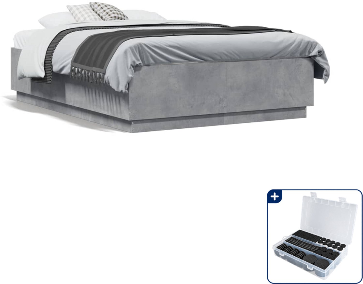 vidaXL Bedframe - 120 x 190 cm - bewerkt hout - betongrijs - Inclusief antikrasvilt 177-delig Zwart