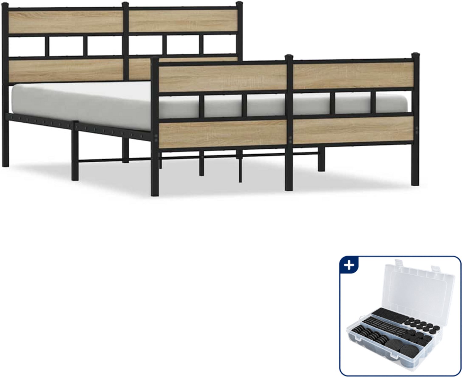 vidaXL bedframe - 150 x 200 cm - staal en bewerkt hout - sonoma eiken - Inclusief antikrasvilt 177-delig Bruin
