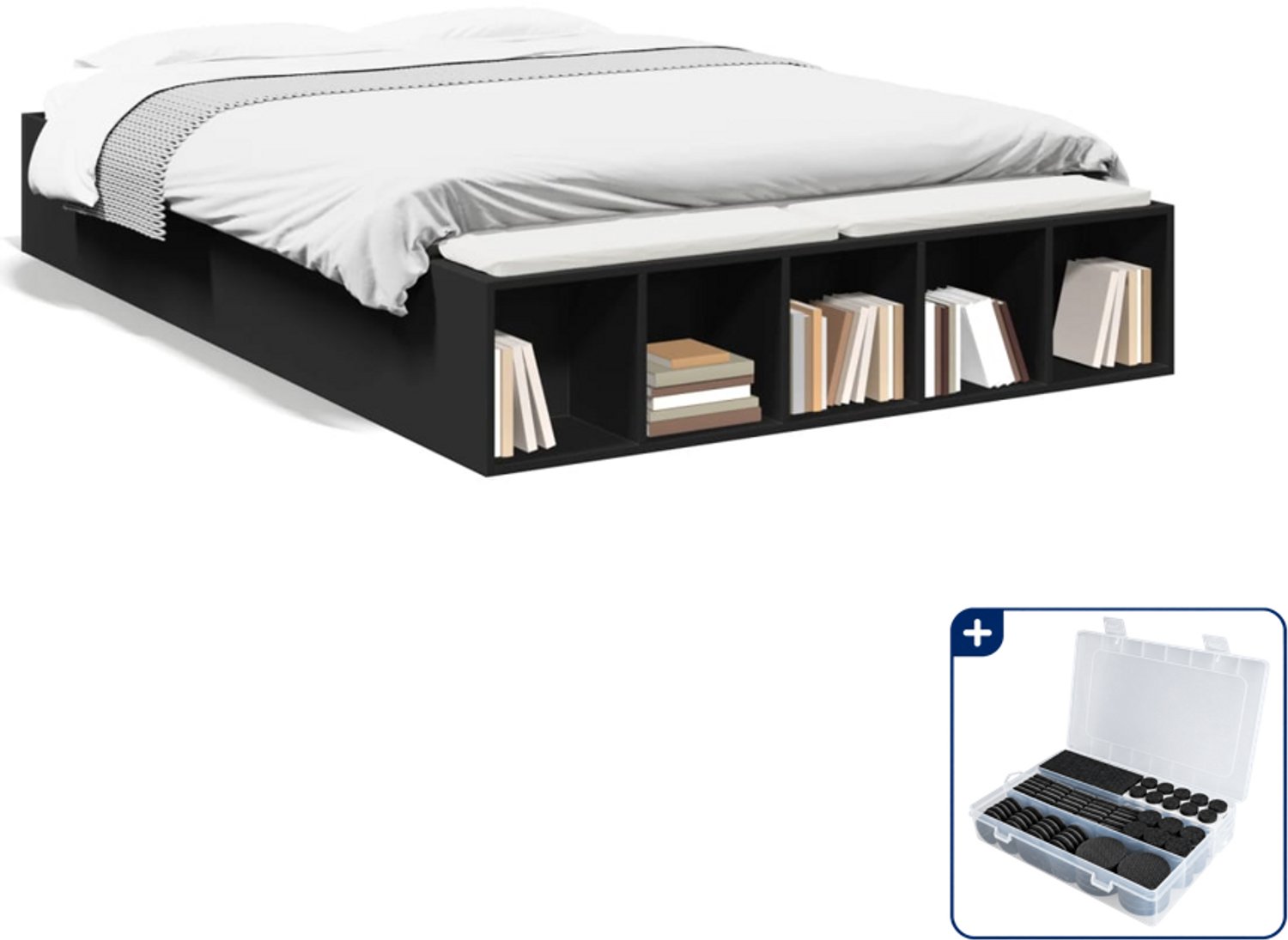 vidaXL bedframe - 135 x 190 cm - bewerkt hout - zwart - Inclusief antikrasvilt 177-delig