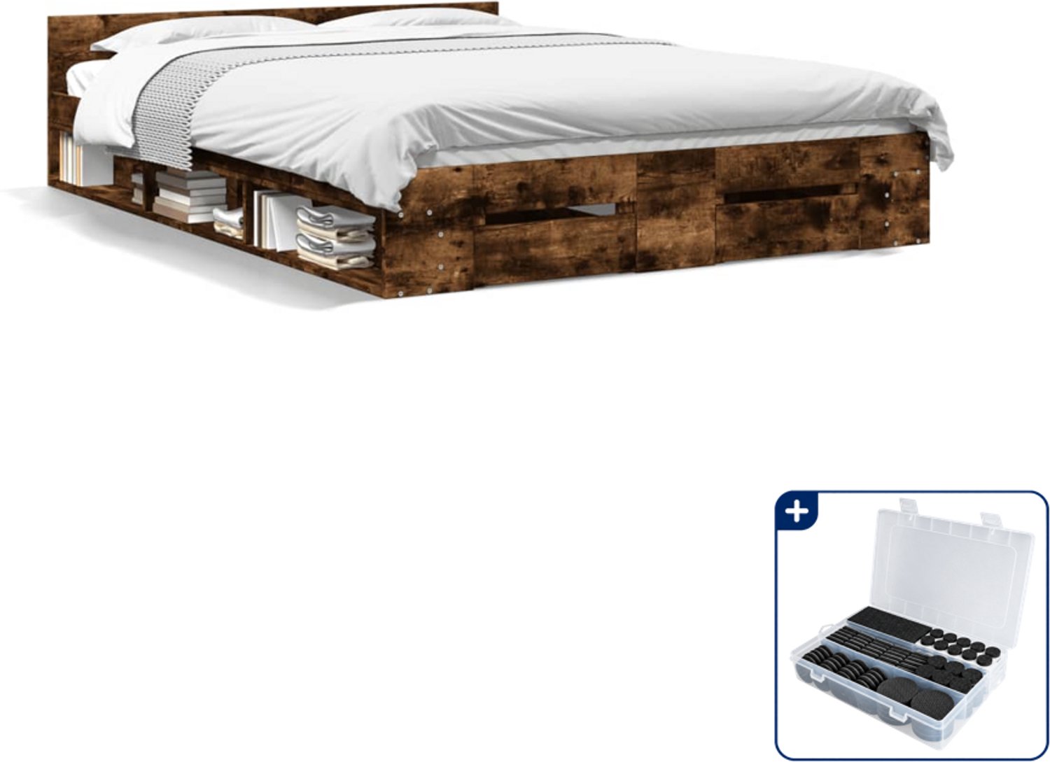 vidaXL bedframe met lades - Queensize - 160 x 200 cm - gerookt eiken - Inclusief antikrasvilt 177-delig Grijs