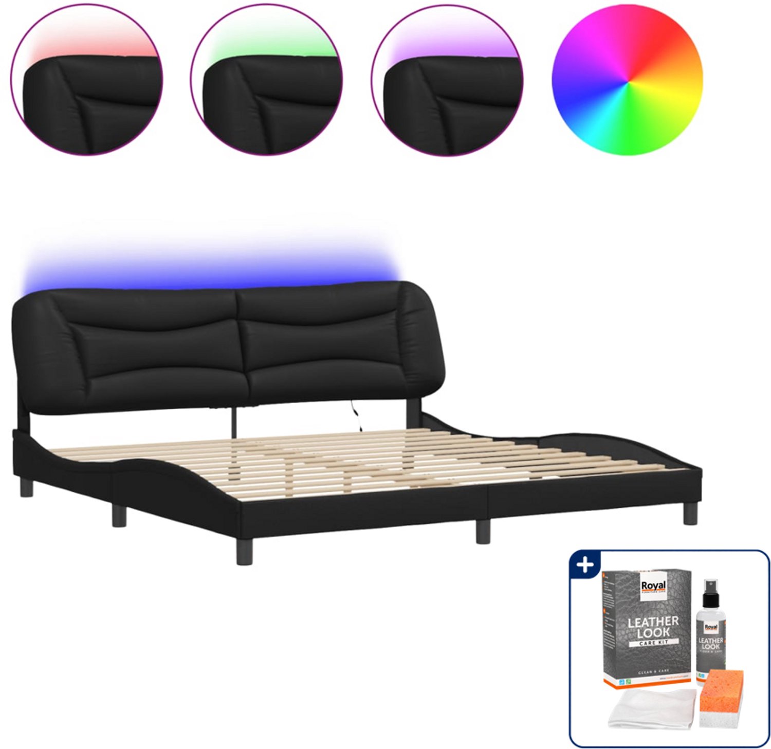 vidaXL Hvar bedframe met LED - 200 x 200 cm - kunstleer - zwart - Inclusief onderhoudsset voor kunstleer 150 ml Bruin