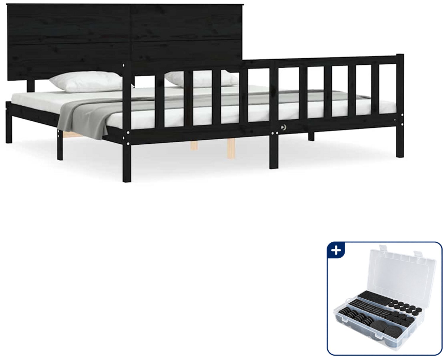 vidaXL bedframe - 200 x 200 cm - massief grenenhout - zwart - Inclusief antikrasvilt 177-delig
