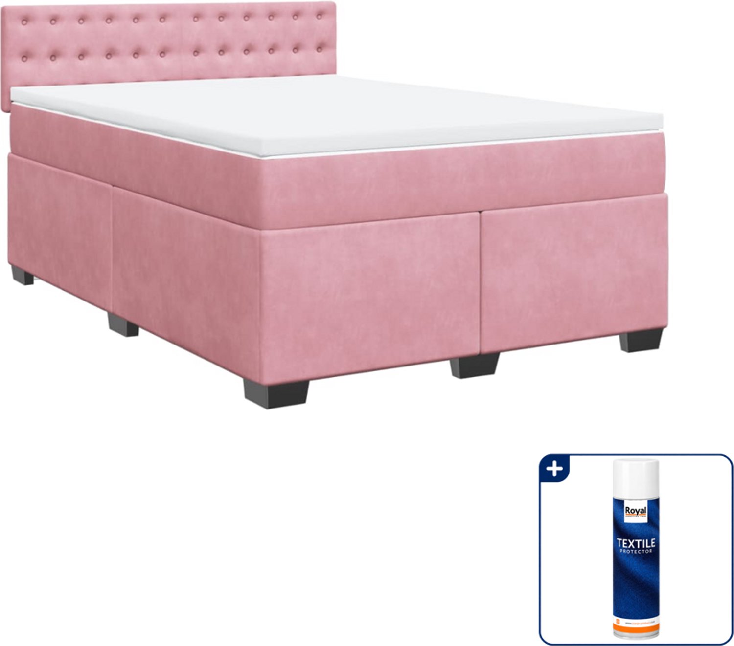 vidaXL boxspring met matras 140 x 190 cm - fluweel - roze - Inclusief textielbeschermer 500 ml