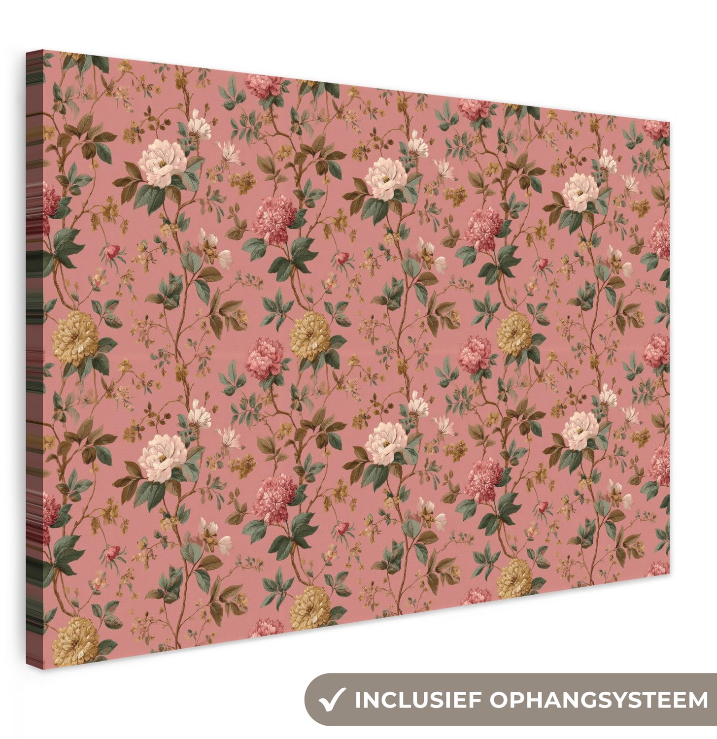 Canvas schilderij 150x100 cm - Exclusieve wanddecoratie Klassiek - Botanisch - Roze - Muurdecoratie woonkamer - Slaapkamer decoratie - Kamer accessoires - Schilderijen op canvas groot XXL