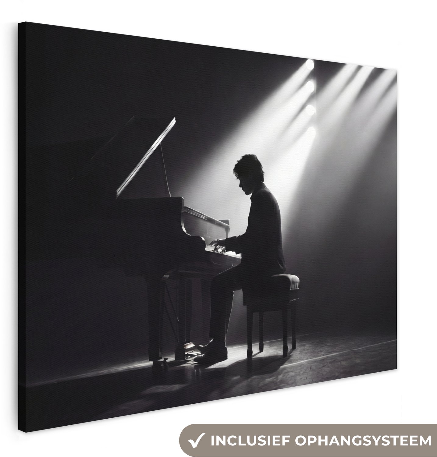 Canvas schilderij 160x120 cm - Exclusieve wanddecoratie Persoon - Piano - Muziek - Zwart-wit - Podium - Muurdecoratie woonkamer - Slaapkamer decoratie - Kamer accessoires - Schilderijen op canvas groot XXL