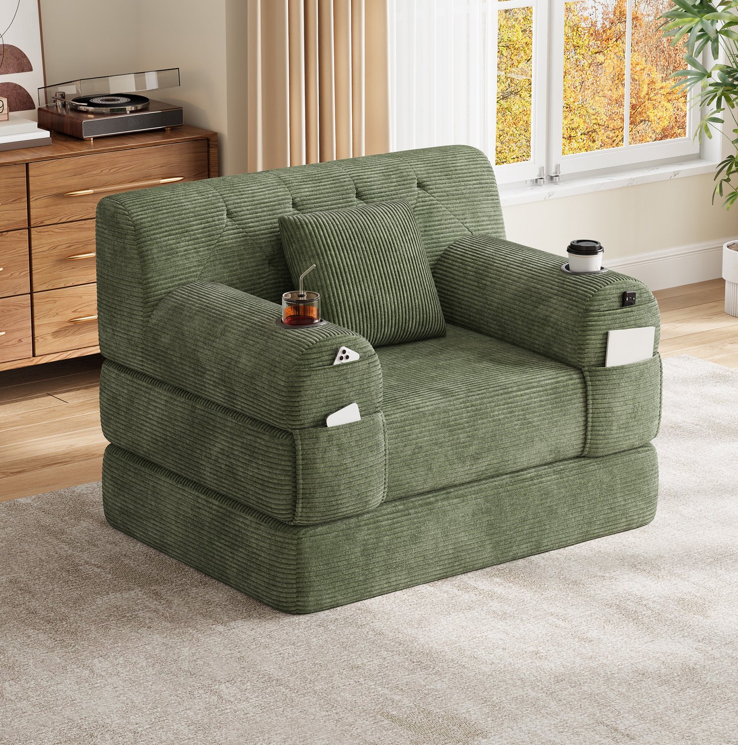 MEUNIQ 1-zits slaapbank van groen ribfluweel, 107 x 80 x 81 cm, met hoge rugleuning, 4 zijvakken en 2 bekerhouders, voor woonkamer of logeerkamer