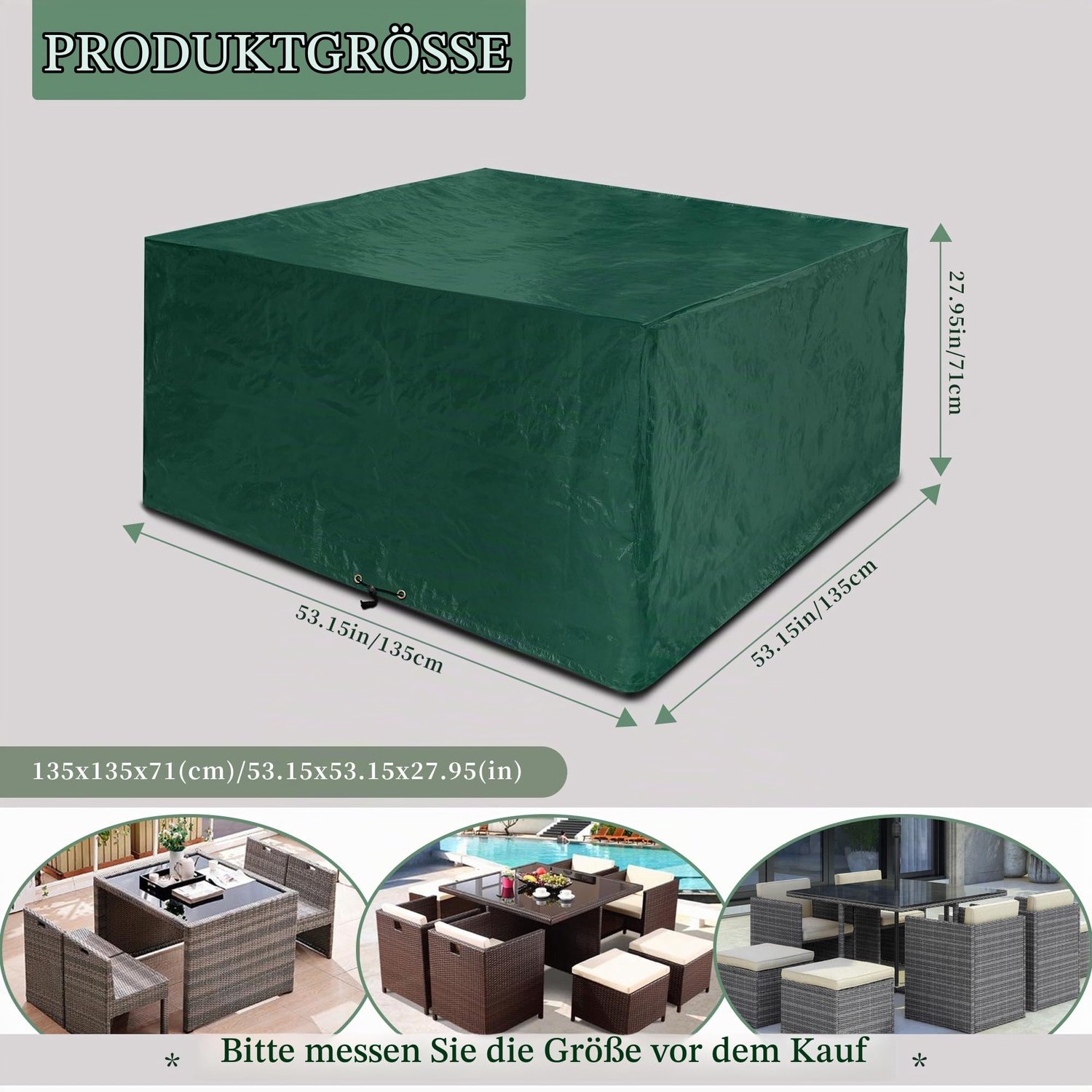 Famanu Waterdichte buitenmeubelhoes voor vierkante tuintafel en stoelen, rotan set, groen, 135 x 135 x 71 cm, ideaal voor bescherming tegen slecht weer
