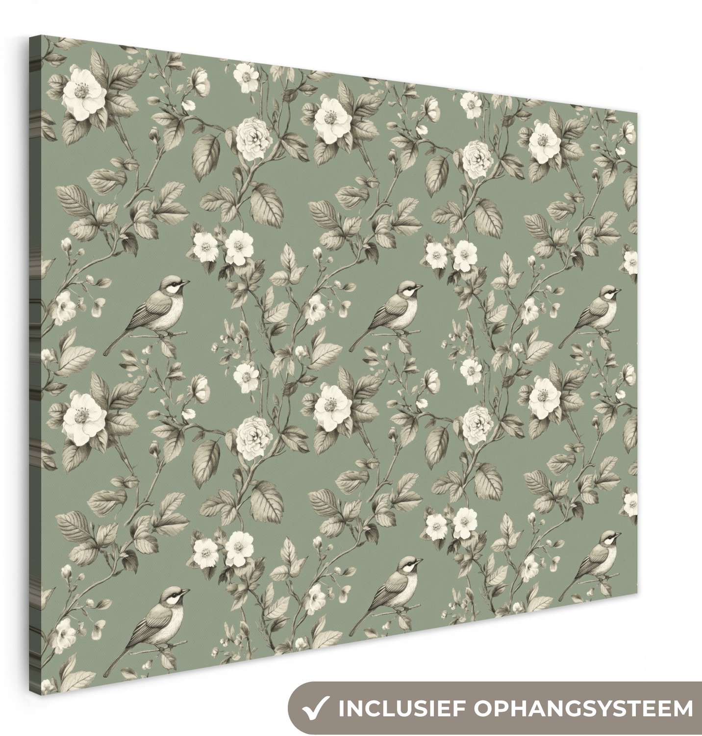 Canvas schilderij 160x120 cm - Exclusieve wanddecoratie Botanisch - Vogels - Groen - Muurdecoratie woonkamer - Slaapkamer decoratie - Kamer accessoires - Schilderijen op canvas groot XXL