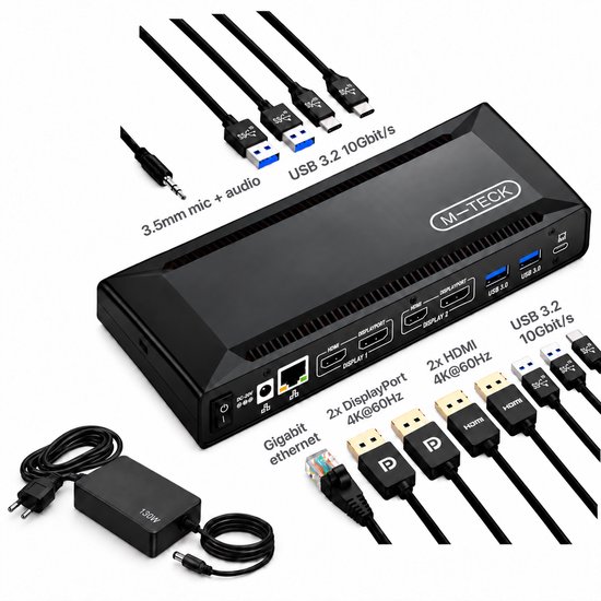Zwart M-TECK dockingstation met meerdere poorten, inclusief HDMI, DisplayPort, USB 3.2, Ethernet en 130W adapter.