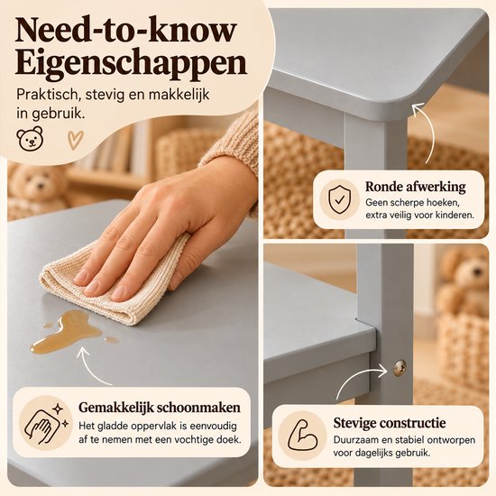 Detailfoto's van de grijze houten kindertafel tonen afgeronde hoeken, onderhoudsgemak en een stevige constructie.