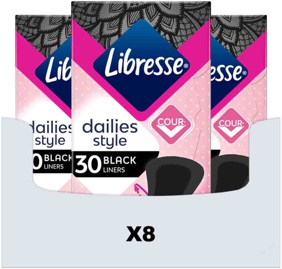 Displaydoos met 8 verpakkingen Libresse Dailies Style inlegkruisjes, roze met zwart kanten patroon, 30 stuks per pak.