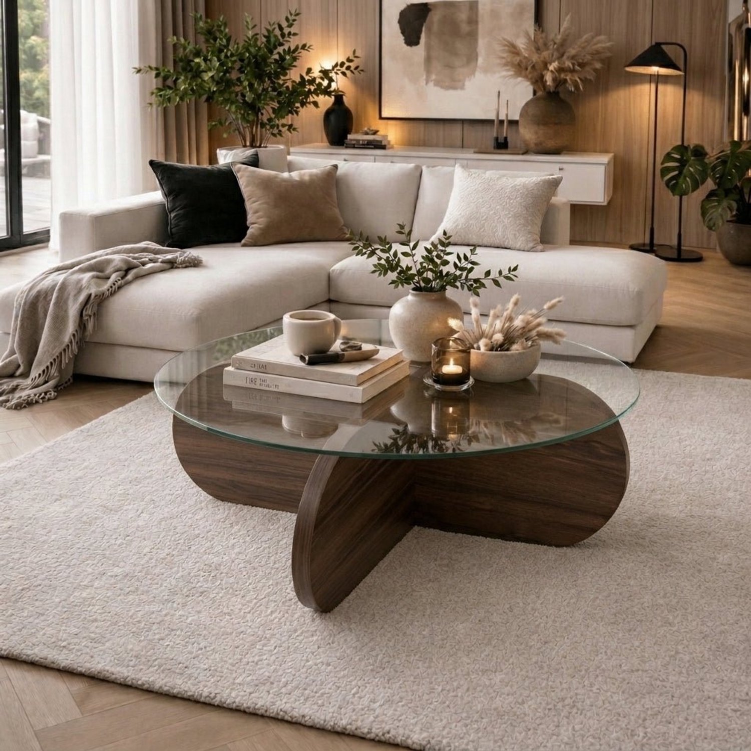 Dimehouse Ronde salontafel Aris walnoot melamine en transparant glas 75 cm - 75 x 75 x 35 cm - Hout - Japandi - Ovaal Walnootlook