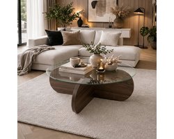 Dimehouse Ronde salontafel Aris walnoot melamine en transparant glas 75 cm - 75 x 75 x 35 cm - Hout - Japandi - Ovaal