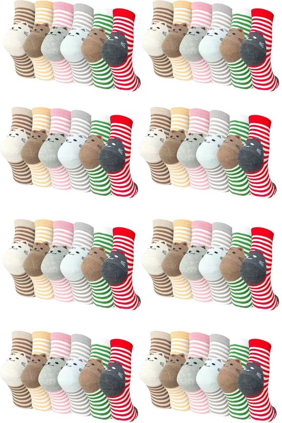 Zes paar katoenen damessokken met kattenmotief in diverse strepen en kleuren, maat 36-40.