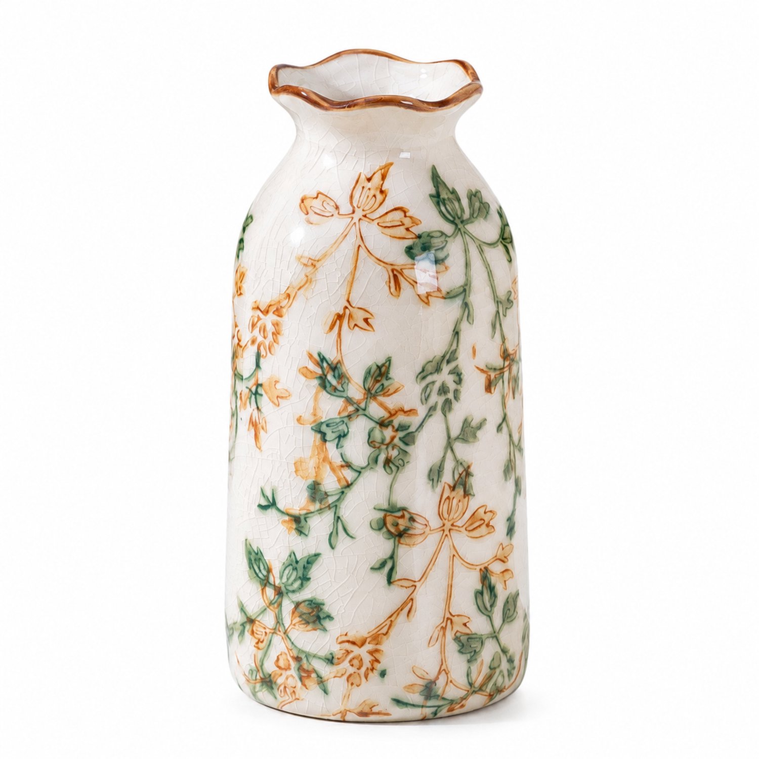SWGOTA Keramische vaas 14,6 cm hoog met craquelé en bloemmotief, golvende rand en rechte vorm, voor kunstbloemen en haldecoratie Crème