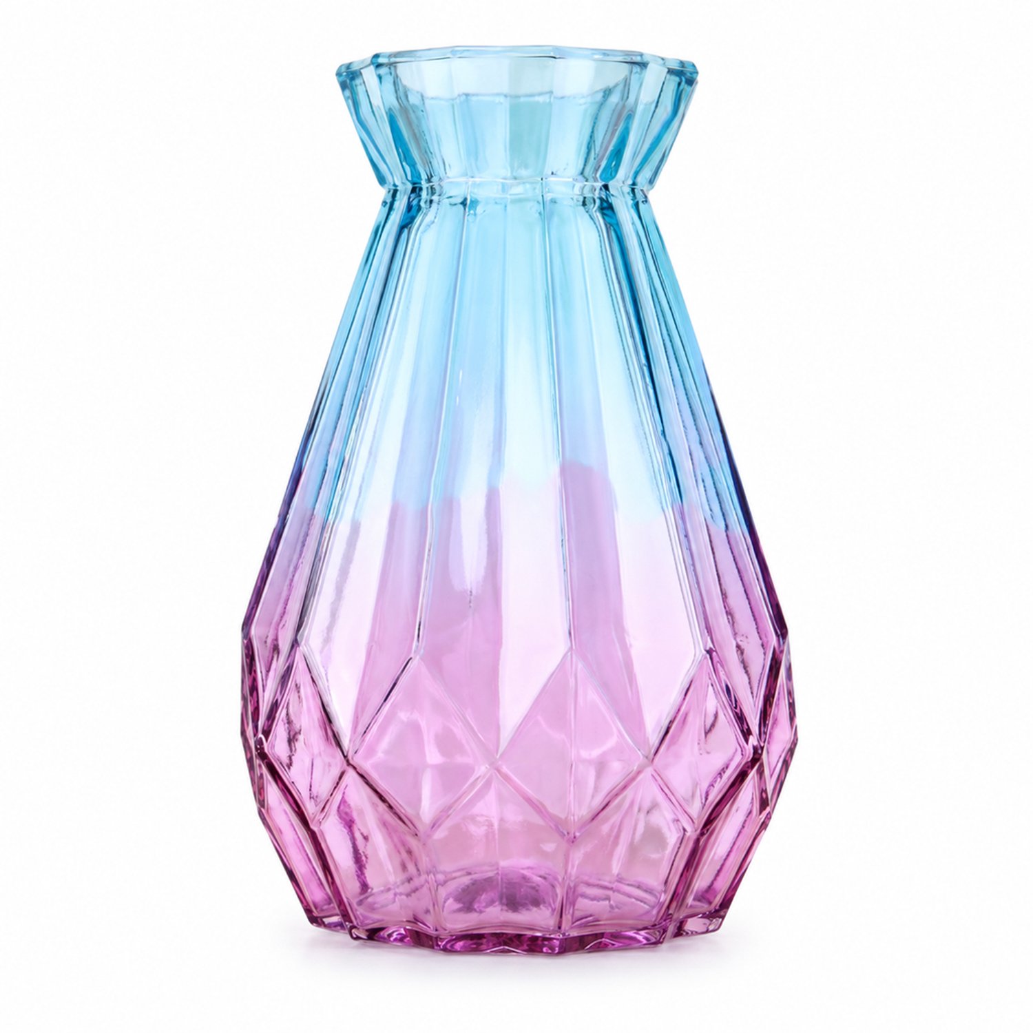 SWGOTA Glazen vaas 18 cm met blauw-paars kleurverloop en geometrische facetten, voor droogbloemen, standaardverpakking